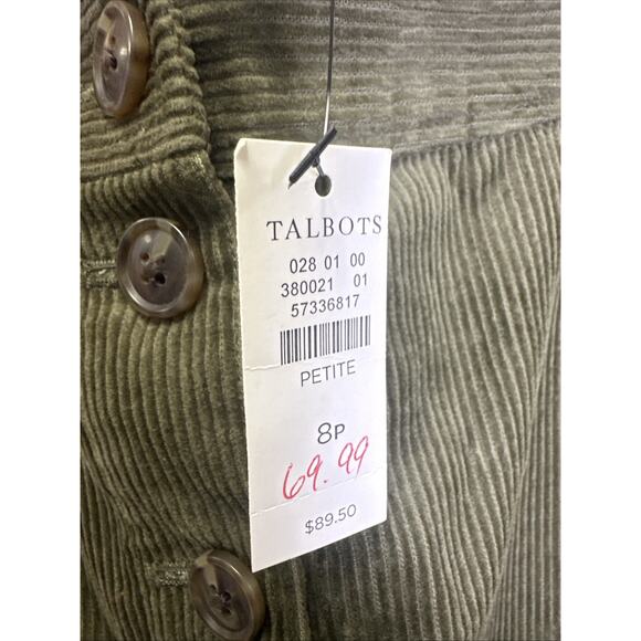 Talbots Knee Length Skirt 8P Green Corduroy Pockets Lined Button Front Fall - Picture 6 of 9